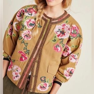 Anthropologie needlepointe embroidered boho bomber jacket 1X